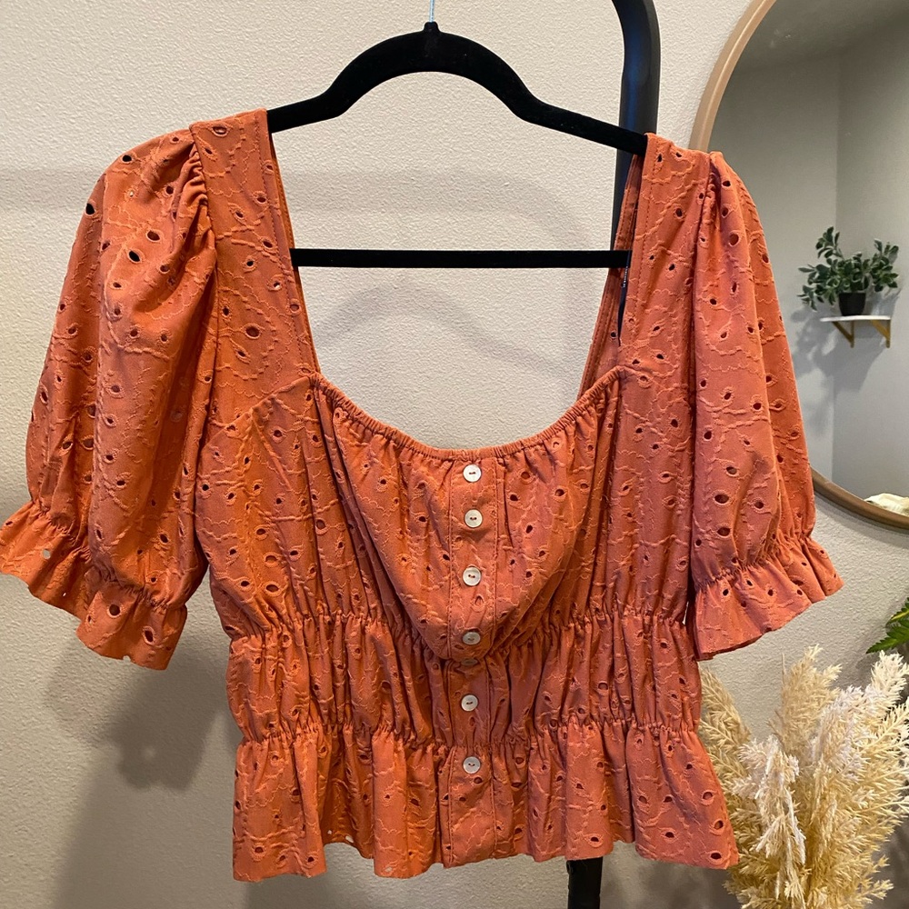 Forever 21 Orange Puff Sleeve Cropped Blouse